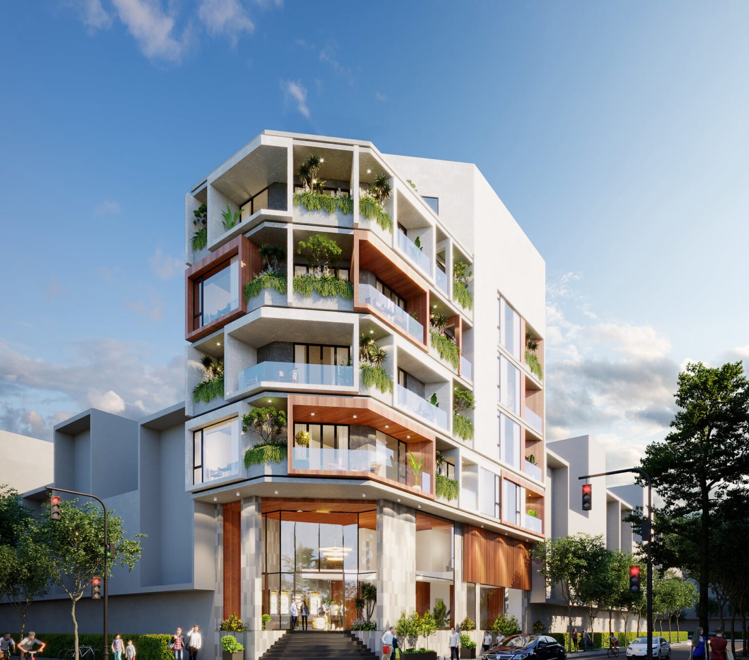 ABC’s Apartment mang sắc trắng trang nhã, những sắc cam nổi bật giữa nền trắng khiến công trình trở nên bắt mắt. Các khoảng xanh thiên nhiên được bố trí đều ở ban công các tầng mang đến sức sống cho tòa nhà.