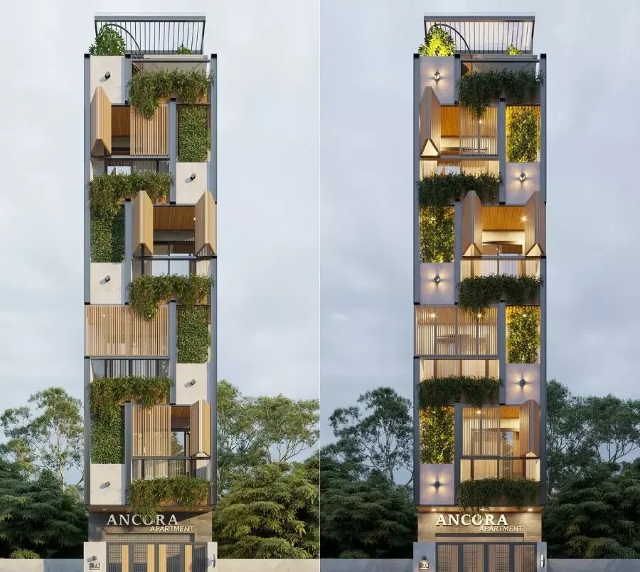 Ancora Apartment với quy mô 6 tầng 1 tum được thiết kế theo lối hiện đại. Các mảng thiên nhiên đan xen với hệ cửa lam, cho không gian tươi mát và dồi dào ánh sáng.