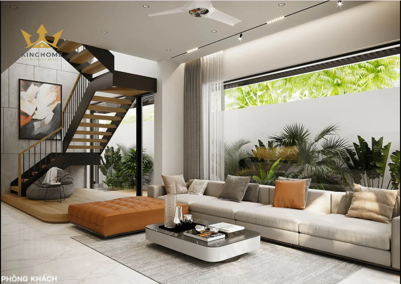 Thiết kế nội thất hiện đại với không gian mở thoáng đãng, kết hợp hài hòa giữa vật liệu hiện đại và mảng xanh thiên nhiên