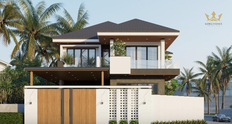 KTS thiết kế mái đổ kiểu Nhật màu xanh mang đến vẻ đẹp ngoại thất đồng thời giúp giảm tình trạng nắng nóng và ngăn chặn nước mưa hắt vào nhà.