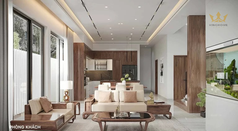 Không gian phòng khách sang trọng với thiết kế mở và nội thất gỗ