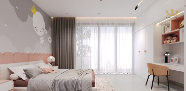 Phòng ngủ con gái với tone màu hồng nhẹ nhàng, nhiều ánh sáng nhờ hệ cửa kính lớn