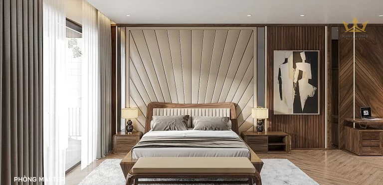 Phòng ngủ master thông thoáng với cửa kính lớn hướng ra ban công. Một giường ngủ kingsize bằng gỗ được đặt ở trung tâm căn phòng