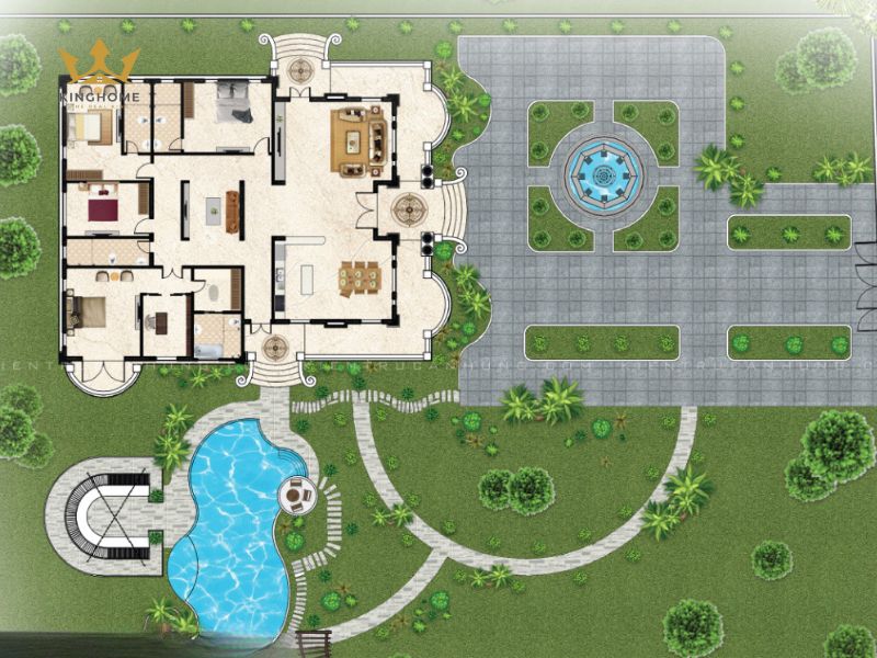 Mẫu bản vẽ thiết kế mặt bằng biệt thự 1 tầng 4 phòng ngủ 12