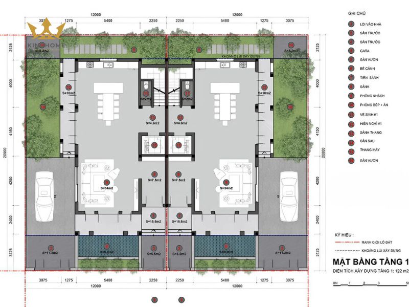Bản vẽ công năng của biệt thự song lập 200m2