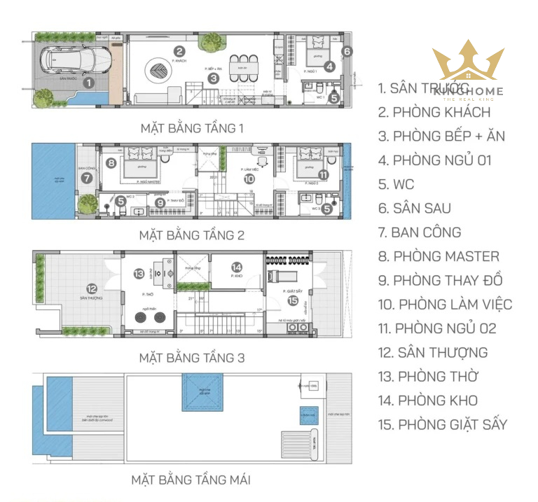 Bản vẽ mặt bằng tổng thể 3 tầng, thể hiện rõ cách phân chia không gian sinh hoạt chung và riêng tư.