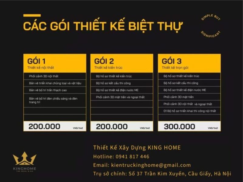 Báo giá thiết kế biệt thự theo từng gói dịch vụ