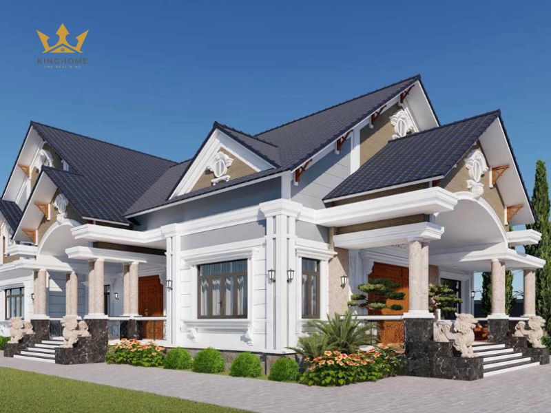 Mái Thái có độ dốc lớn, giúp căn biệt thự một tầng thanh thoát hơn