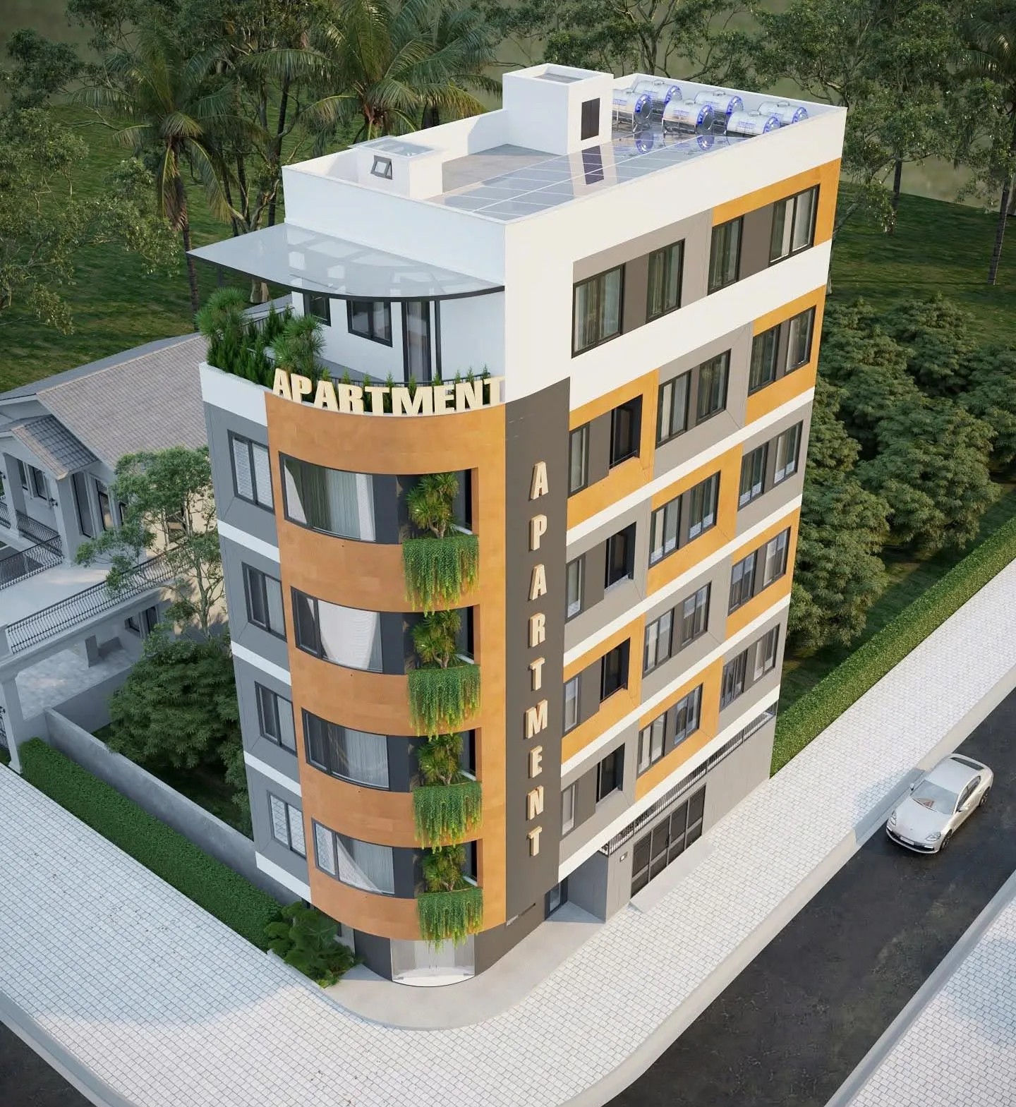 Mặt tiền hiện đại với hệ cửa kính lớn và các khoảng xanh giúp công trình luôn sáng và thông thoáng.