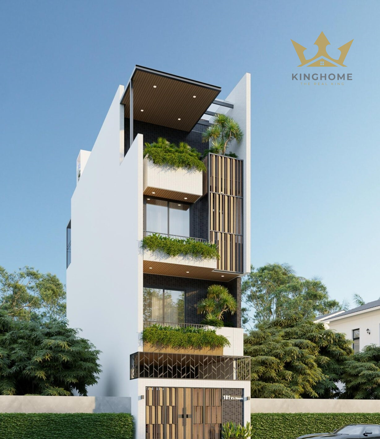 Cây xanh được bố trí trải đều trên cả ba tầng lầu, mang lại cảm giác gần gũi với thiên nhiên, đồng thời góp phần cải thiện không khí và tạo điểm nhấn sống động cho mặt tiền.