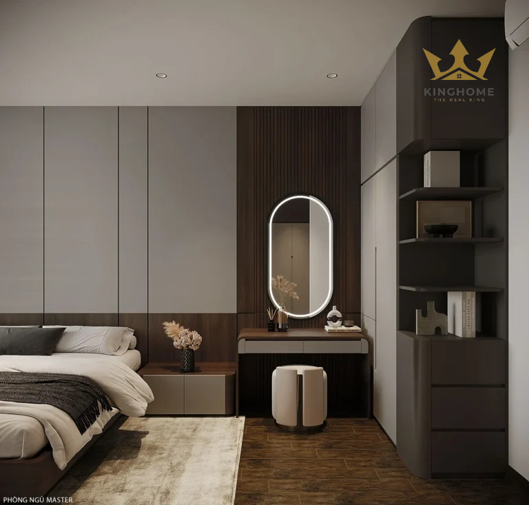 Chi tiết phối vật liệu nhẹ nhàng: vân gỗ, kính và sơn nhấn màu cam tạo điểm chạm thị giác nhẹ mà cuốn hút.