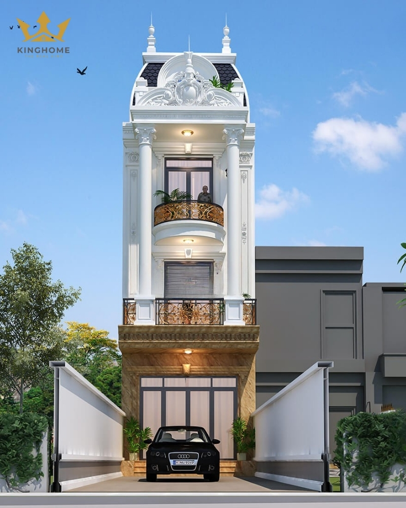 Mặt tiền cân đối, phào chỉ nhẹ, ban công sắt mỹ thuật
