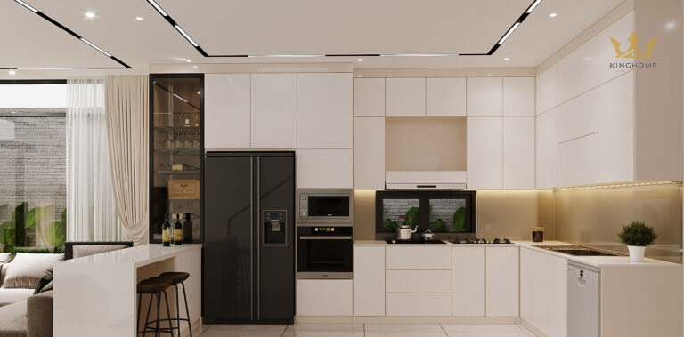 Khu vực bếp gọn gàng có đảo bếp nhỏ cạnh tủ rượu