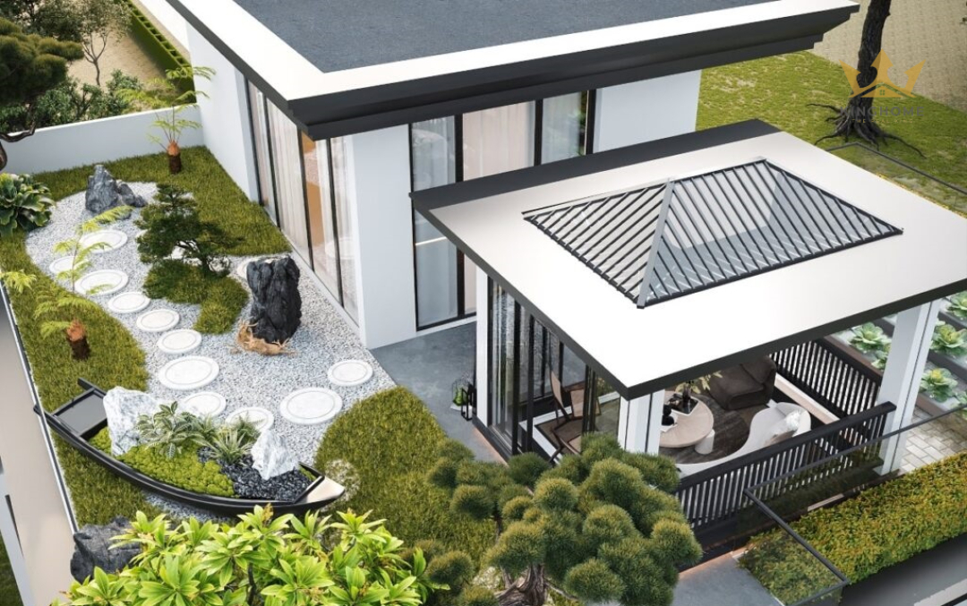 Khu vực sân vườn, tiểu cảnh trên sân thượng được thiết kế hài hòa