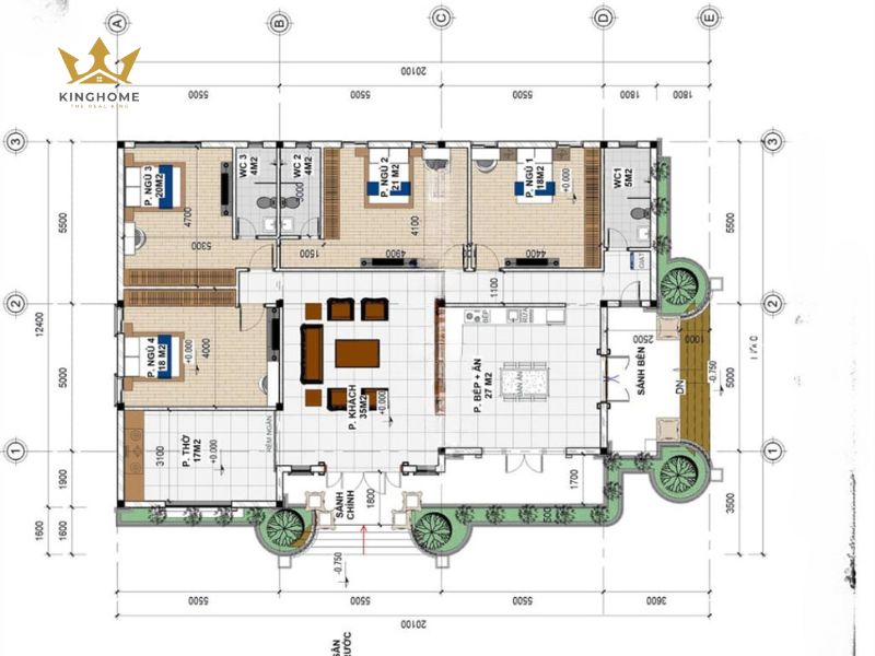 Bản vẽ công năng biệt thự mái Thái 1 tầng 4 phòng ngủ 12
