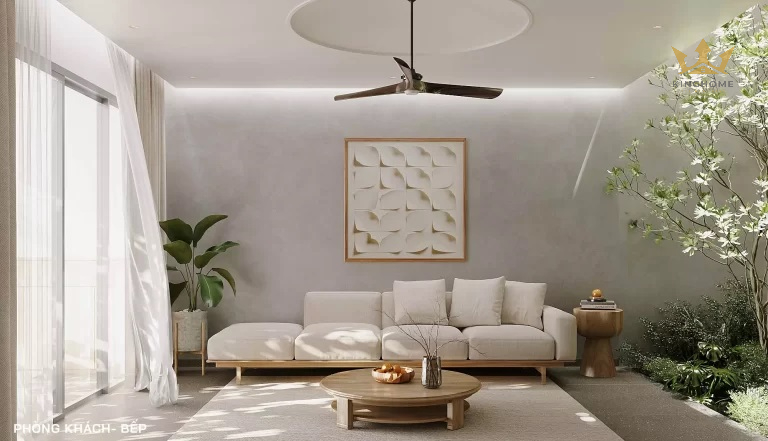 Nội thất trong ngôi nhà hướng đến phong cách hiện đại, tối giản. Phòng khách với bố cục gọn gàng, tạo cảm giác thông thoáng và rộng rãi.