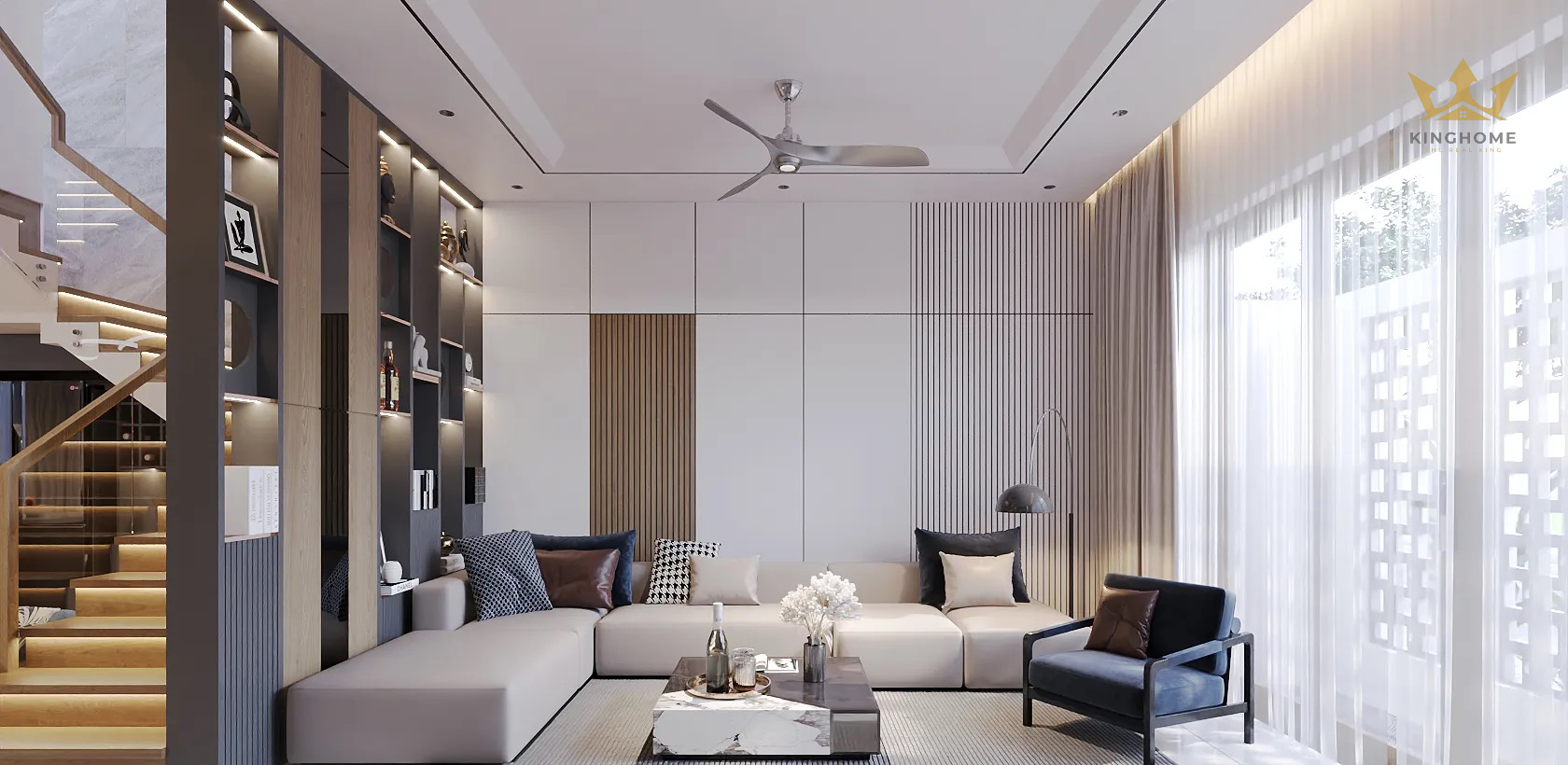 Phòng khách được trang bị đồ nội thất hiện đại, vừa thể hiện gu thẩm mỹ tinh tế, vừa đảm bảo tính năng thoải mái và tiện nghi.