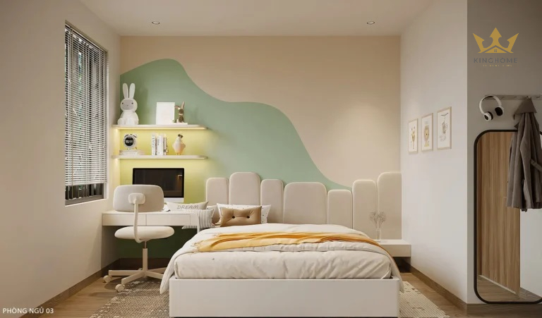 Phòng ngủ cho bé với tông màu xanh pastel kết hợp cùng tông trắng mang đến cho trẻ không gian học tập, nghỉ ngơi thoái mái và đúng với sở thích của riêng mình.