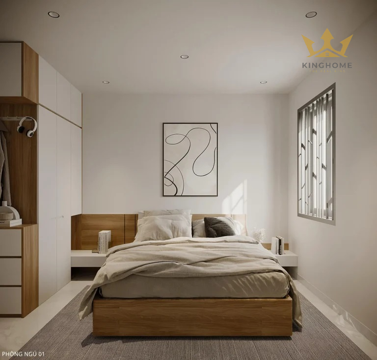 Phòng ngủ với bố trí giường ở trung tâm, các kệ tủ và tab đầu giường được thiết kế liền giúp tối ưu không gian và tính tiện nghi.