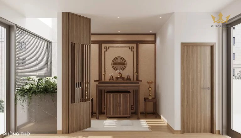 Phòng thờ được thiết kế tinh tế với việc thay thế những bức tường thô cứng bằng vách CNC. Nhờ vậy giúp ánh sáng tự nhiên dễ dàng lưu thông vào không gian phòng thờ, tạo nên sự thoáng đãng và yên tĩnh.