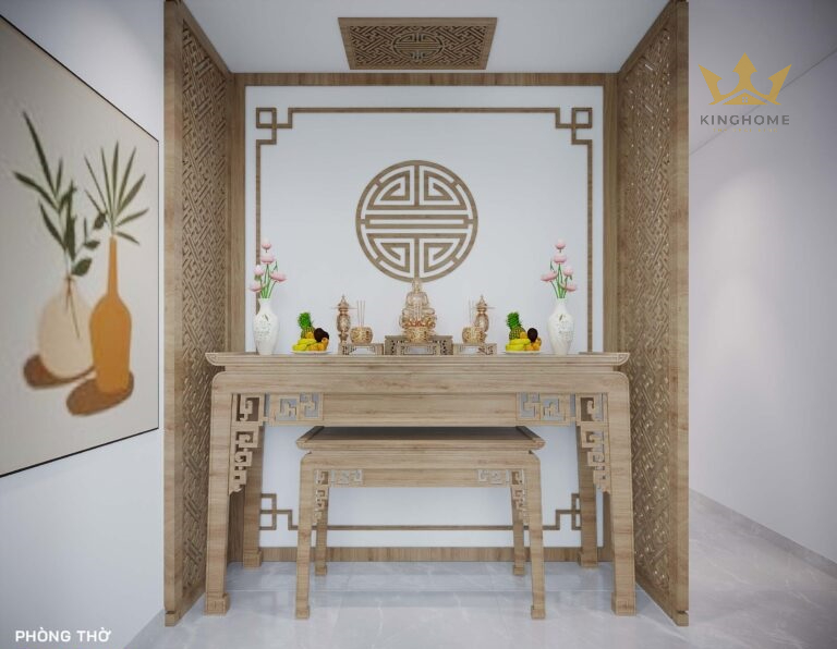 Phòng thờ sử dụng chủ đạo là tone màu sáng. Nội thất chính có bàn thờ và đôn bằng gỗ 