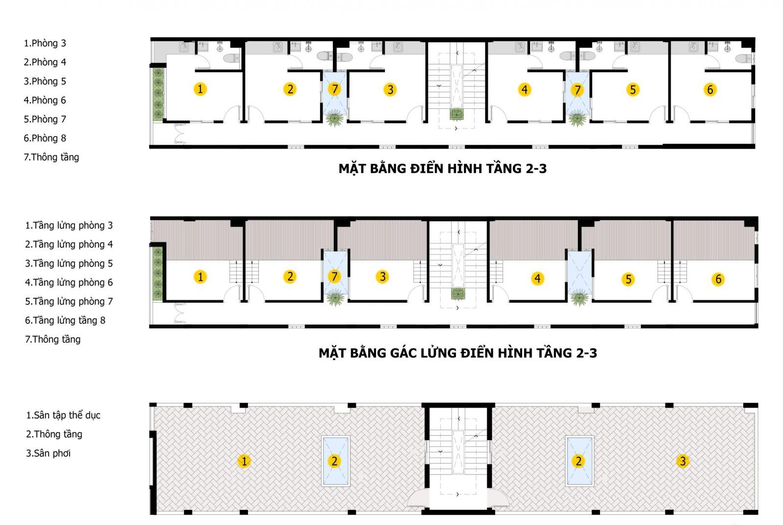 Mặt bằng điển hình tầng 2 và 3 nhà phố 3 tầng