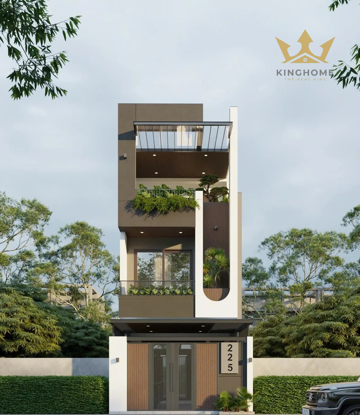 Tổng thể mặt tiền H’s House với chi tiết bo cong độc đáo tại ban công tầng 2.