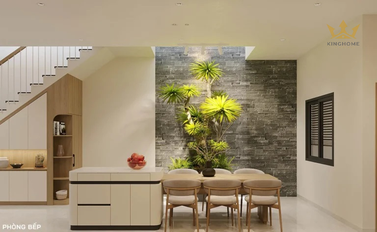 Trong D’s House có những khoảng mở để gia chủ thư giãn, tận hưởng trọn vẹn hơi thở thiên nhiên trong chính ngôi nhà của mình. Không gian dưới ô thông tầng được bố trí cây xanh. Cùng với ánh sáng dồi dào, mang đến cho gia chủ cảm giác thoải mái cùng những bữa cơm ấm cúng.