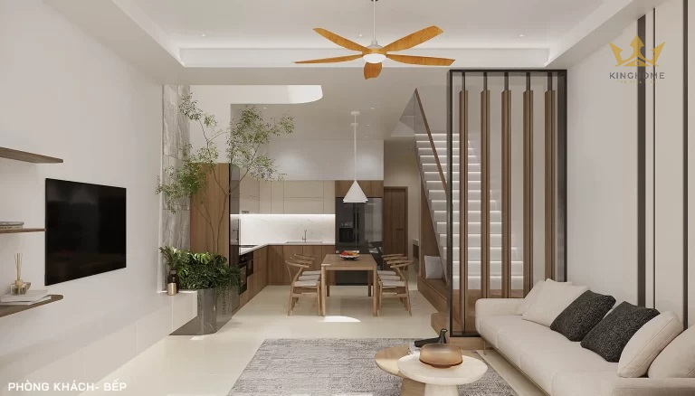 T’s House được thiết kế mở với ô thông tầng nằm giữa phòng khách và bếp. Ô thông tầng này giúp ngôi nhà đón nhận ánh sáng tự nhiên, tạo sự thông thoáng, lưu thông không khí tốt. Mang lại cảm giác thoải mái và rộng rãi cho không gian sống.