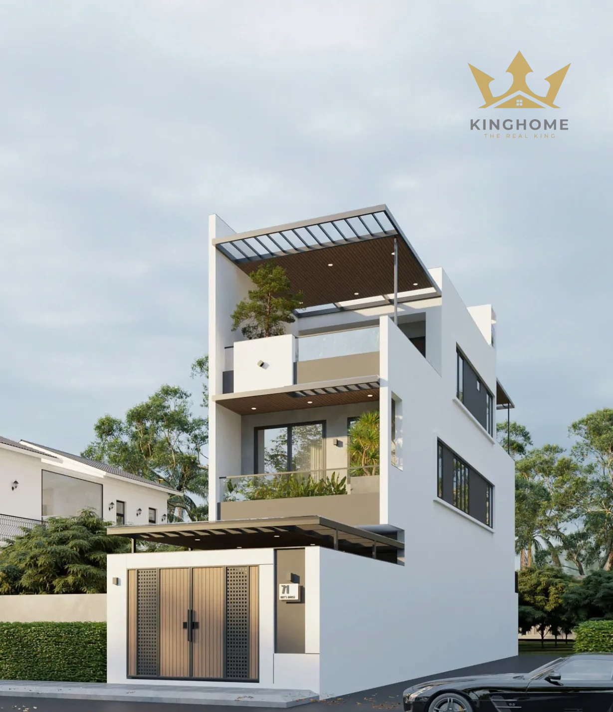 Vật liệu kính, conwood ứng dụng ở ngoại thất kết hợp hài hòa cùng mảng xanh ở ban công không những làm tăng giá trị thẩm mỹ, mà còn giúp ngôi nhà luôn sáng, thoáng và thích nghi tốt với điều kiện khí hậu tại địa phương.