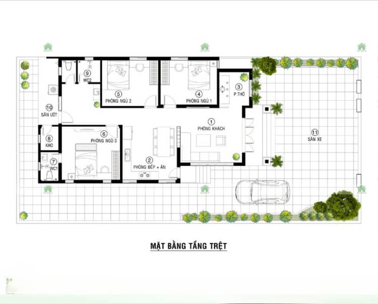 Mặt bằng công năng biệt thự mái Nhật 1 tầng 3 phòng ngủ