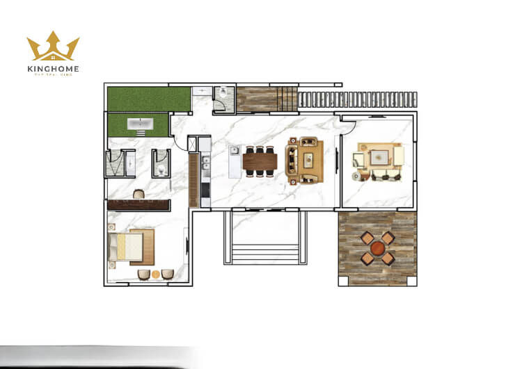 Thiết kế biệt thự chữ L một tầng có khối chức năng phân chia hợp lý