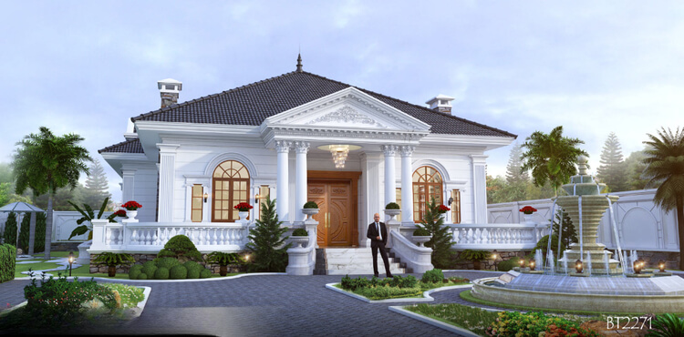 Mẫu thiết kế nhà biệt thự 1 tầng mái Nhật tân cổ điển bề thế