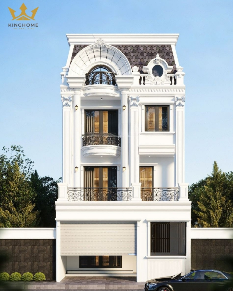 Thiết kế nhà mái mansard đẹp 2 tầng 1 tum
