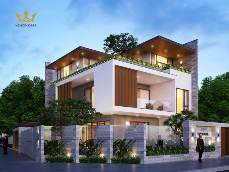 1-Kiểu biệt thự 1 trệt 1 lầu hiện đại đẹp với các khoảng giật cấp tỷ lệ chuẩn