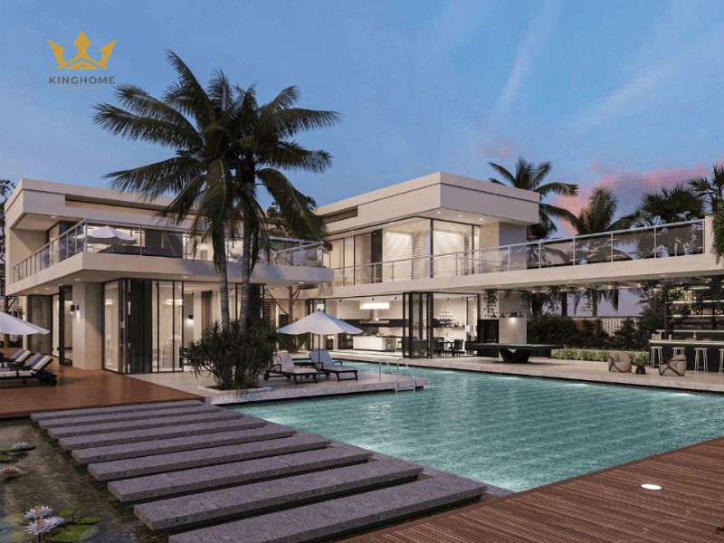 1-Biệt thự chữ L 2 tầng phong cách hiện đại với hệ cửa kính lớn