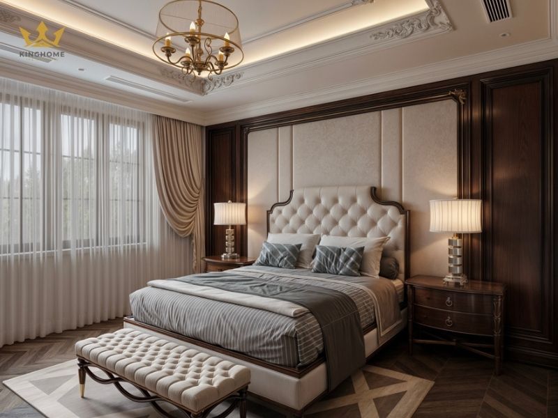 Phòng ngủ được thiết kế với chất liệu nỉ, nhung kết hợp 