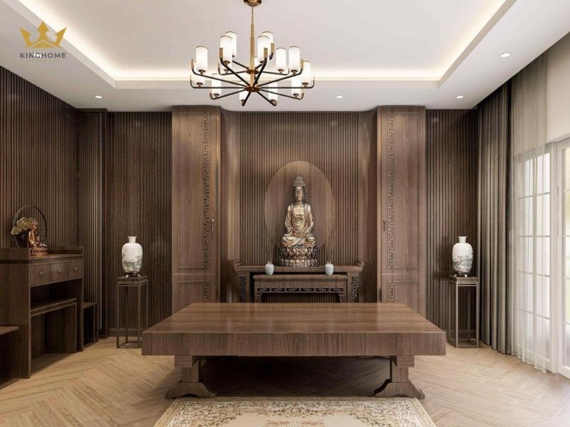 Phòng thờ rộng với chất liệu chính là gỗ 