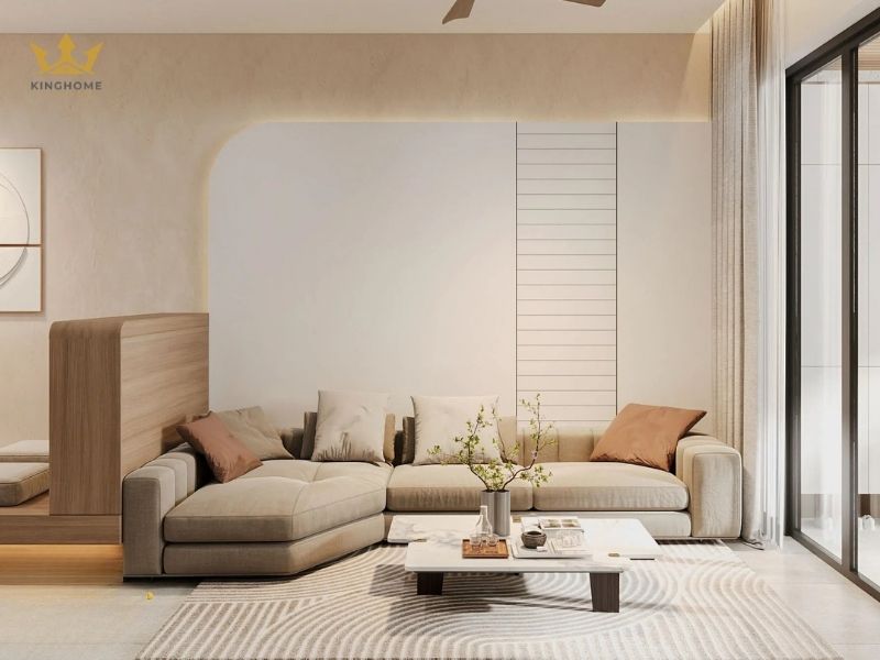 Không gian phòng khách với sofa chữ L