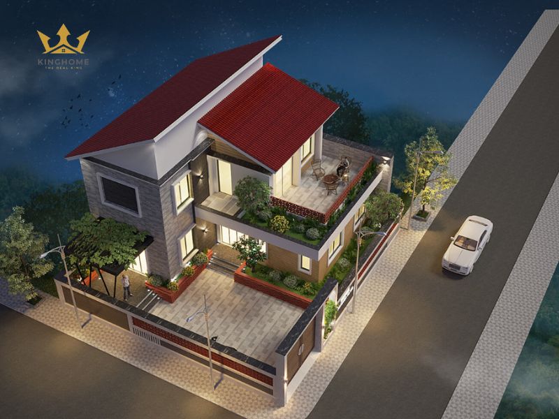 5-Thiết kế villa 2 tầng 2 mặt tiền mái lệch ấn tượng