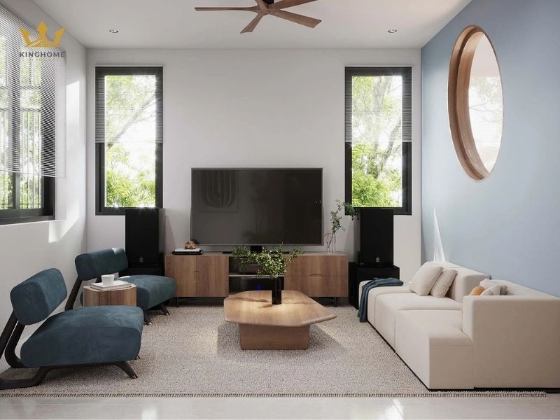 Phòng khách nội thất nhà lô phố 2 tầng với sofa đơn giản 