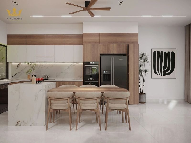 Khu vực bếp thiết kế tủ kịch trần và bàn ăn 6 ghế 