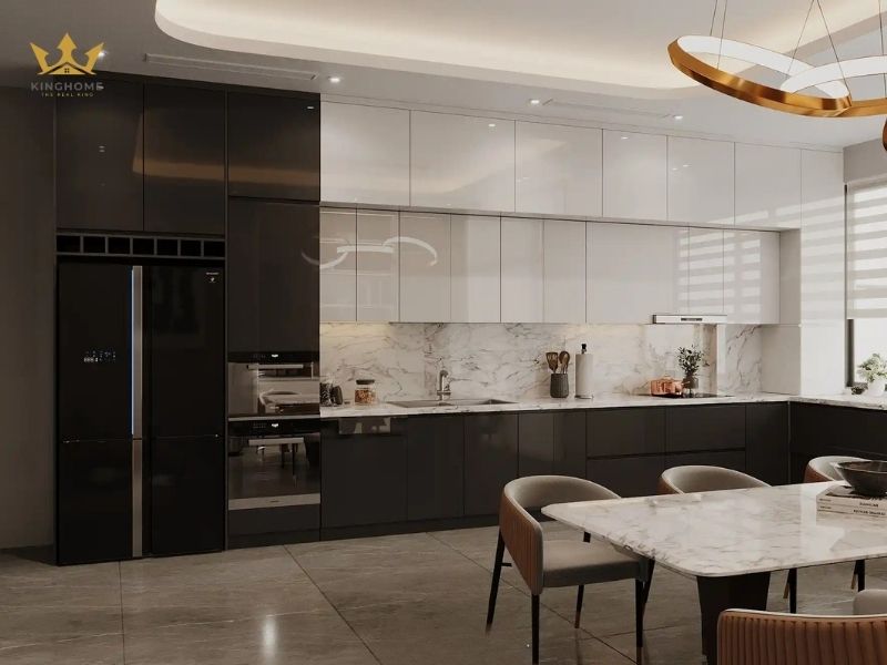 Tủ bếp chữ I, tủ lạnh âm tường có đèn led cảm ứng 