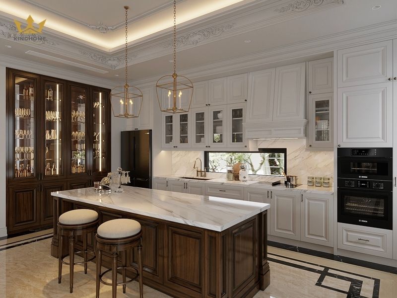 Phòng bếp hệ tủ bếp chữ L có bàn đảo 