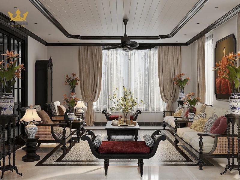 Phòng khách thiết kế phong cách Đông Dương ấn tượng
