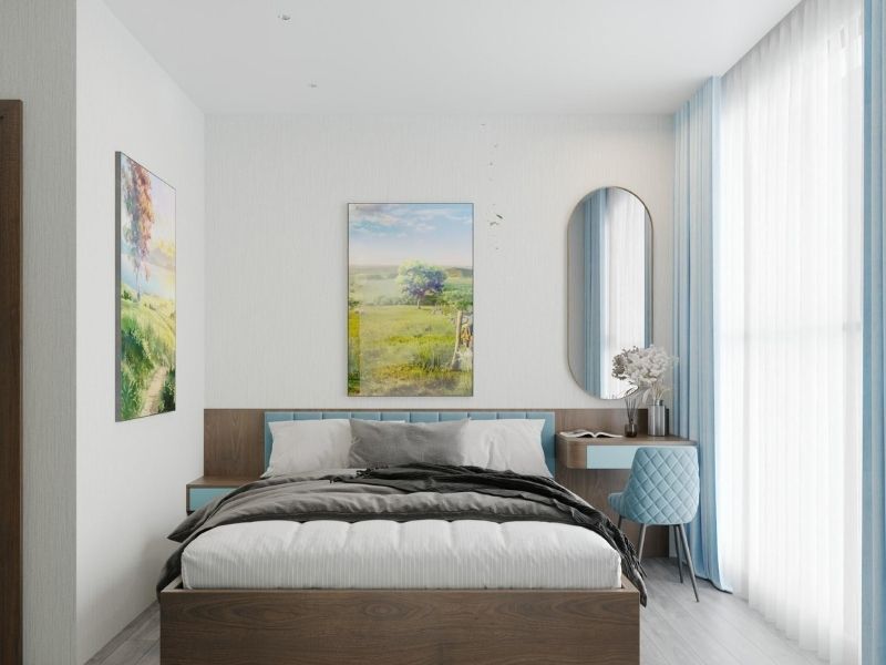 Phòng ngủ bố trí bàn trang điểm nhỏ kết hợp tranh trang trí 