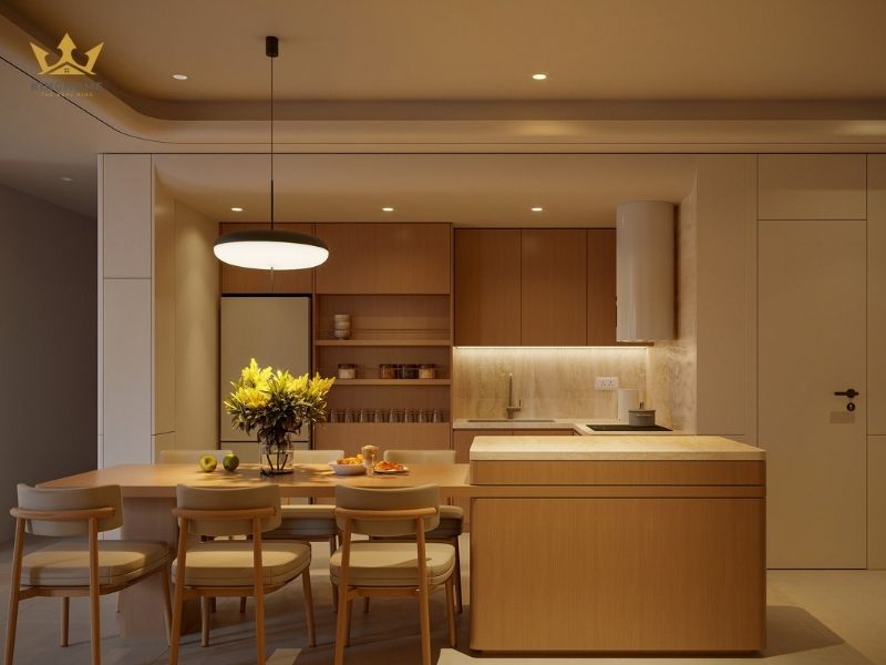 Phòng bếp được đầu tư với hệ đèn led hiện đại