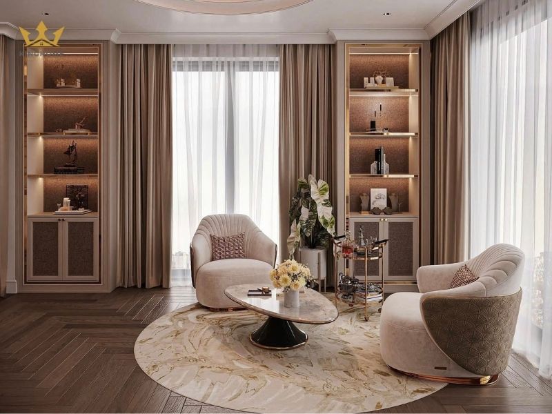 Bàn trà đặt cạnh cửa sổ cho gia chủ dễ dàng ngồi thư giãn 
