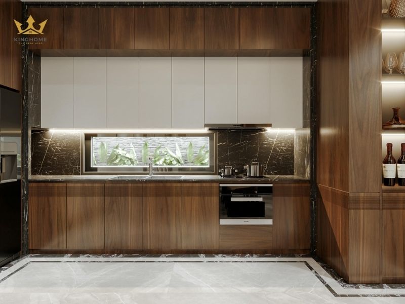 Tủ bếp tone màu nâu gỗ nổi bật