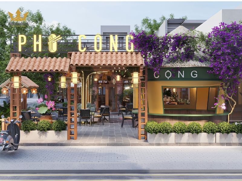 Thiết kế nhà hàng sân vườn đẹp, có nhiều cây xanh 
